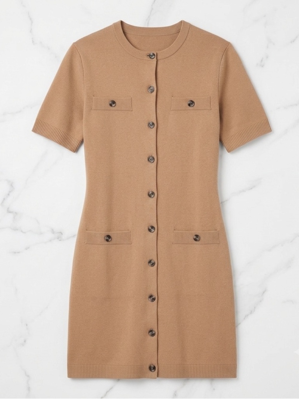 H&M NWT Dark Beige Knit Button Front Short Sleeve Mini Sweater Blazer Dress L